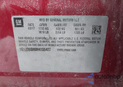 2017 Chevrolet Sonic Lt Auto z USA, uszkodzony, nr VIN 1G1JD5SH0H4155427